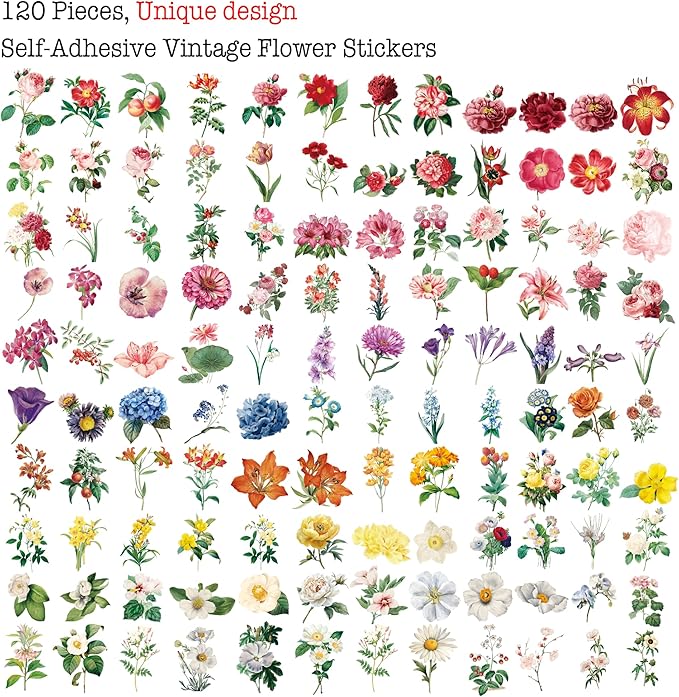 120 pcs Vintage Floral Stickers Kit - Large Junk Journal Stickers for Scrapbooking, Card Making, DIY Crafts, Personalized Letters & Bullet Journal Decor