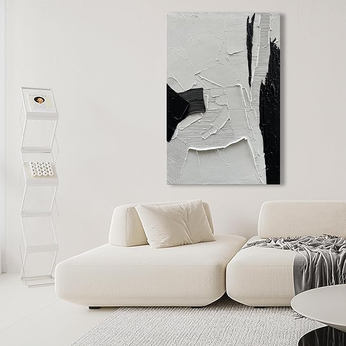 NANKAI Art Hand-Painted Black and White Texture Oil Painting Modern Minimalist Abstract Art 45x30 inch Large Home Wall Deco Art Painting