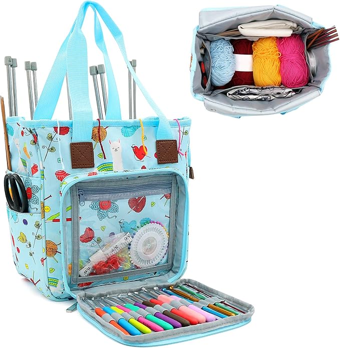 SumDirect Yarn Bag, Knitting Organizer Tote Bag Portable Storage Bag for Yarns, Carrying Projects, Knitting Needles, Crochet Hooks, Manuals and Other Accessories (Cute Blue)
