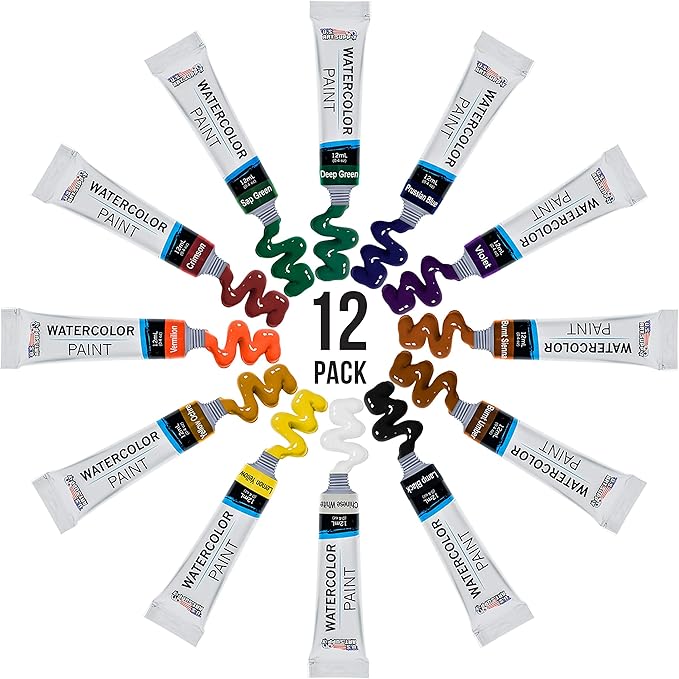 U.S. Art Supply 12-Color Water Colors Paint Set, 12ml Professional Watercolor Tubes, Vibrant Pigments - Water Colors Paint Adult Set for Artists