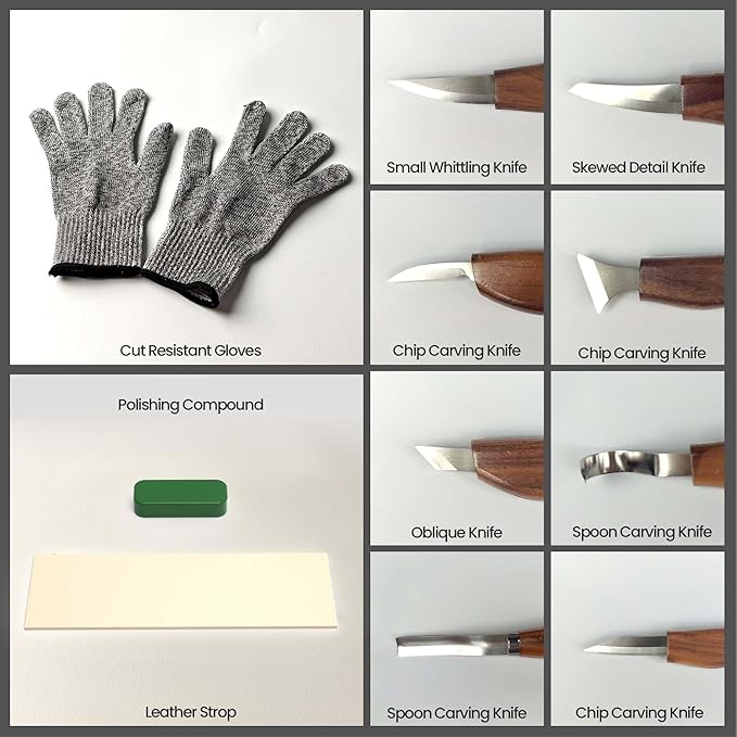 Wood Carving Kit, 16Pcs Deluxe Whittling Set with 8Pcs Whittling Knives & 4Pcs Detail Carving Knives, PU Leather Storage Bag,complete Woodworking Tools for Beginners & Professionals