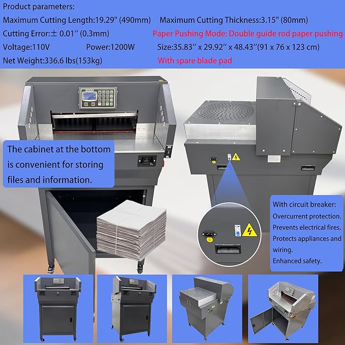 Electric Paper Cutter 110V Programmable Guillotine Cutter with LCD Display Double Safety Buttons Maximum Cutting Length 490mm Three Cutting Modes for Cutting Books Pictures Documents Files