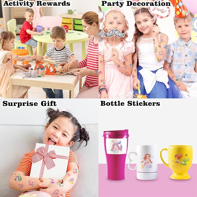 104 PCS Mermaid Temporary Tattoos for Kids Girls Birthday Decorations, Mermaid Fake Temp Tattoos Party Favors for Under The Sea Party Decorations Supplies