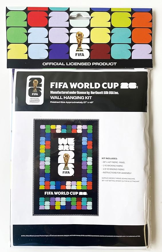 Northcott FIFA World Cup DIY Fabric Wall Hanging Kit – Soccer Fan Sewing Craft Project – Includes 28" x 43" Fabric Panel, Backing, Binding & Instructions – Create a 27" x 40" Handmade Wall Art Décor