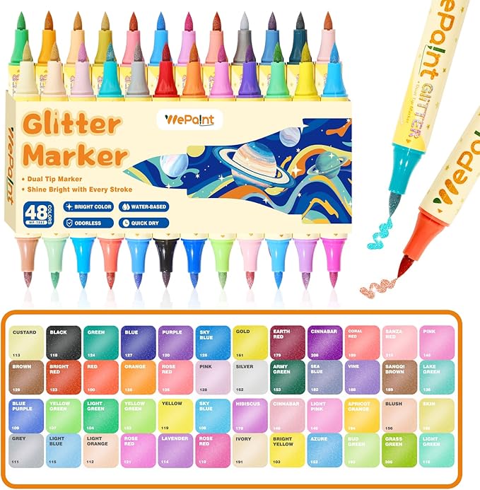 WePaint Glitter Markers Dual Tip, 24 Shimmer Markers 48 Glitter Colors Metallic Marker with Brush Tips, Water-based Ink for Kids Adults DIY Crafts, Card Making, Scrapbooking, School Supplies for Kids