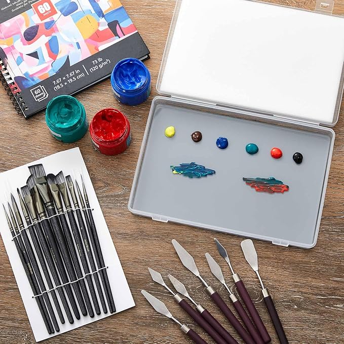 Nuanchu 22 Pcs Artist Painting Set, Oil Paint Tempered Glass, Airtight Stay Wet Palette Container, Brushes, Palette Knives, Sponge, Easy Clean for Miniature Painting, Keep Paint Fresh, Color Mixing
