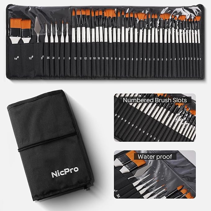 Nicpro 40 PCS Paint Brush Set, Professional Acrylic Paint Brushes with Palette Knife and Canvas Roll, Suitable for Acrylic Painting, Oil, Watercolor, Gouache, Art Supplies Painter Gifts for Artist