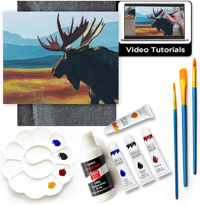 DIY Art Painting Kit for Adults – Learn to Paint Moose with Video Tutorials – 9 Pieces Acrylic Paint Set for Adults –Perfect Christmas Crafts & Holiday Gifts for Art Lovers