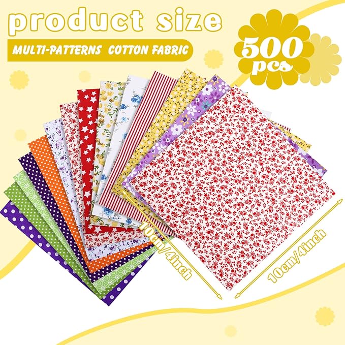 Moukeren 500 Pcs 4 x 4 Inch Cotton Fabric Squares Pre Cut Patchwork Quilting Fabric Bundles Layer Floral Printed Quilt Squares Material for DIY Craft Sewing Clothing Scrapbooking Handmade Accessory