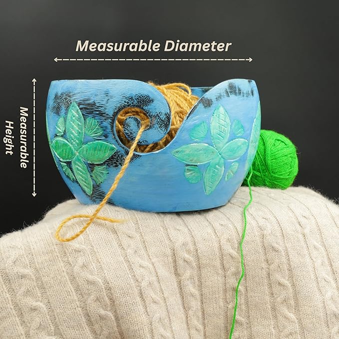 Nagina International Exquisite Premium Yarn Ball Storage Bowls | Hand Painted Lovely Decor Yet Functional Yarn Dispenser (Large (7 x 4 x 7 Inches), Lemon Blue)