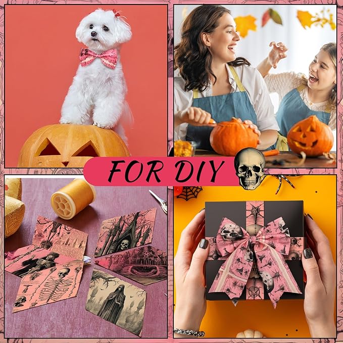 Ganeen 60 Pcs 10 x 10 Inch Pink Gothic Halloween Quilting Fabric Squares Vintage Pink Ghost Fat Patchwork Precut Strips Retro Bat Skull Fabric Bundles for DIY Craft Sewing Quilt Material Handmade
