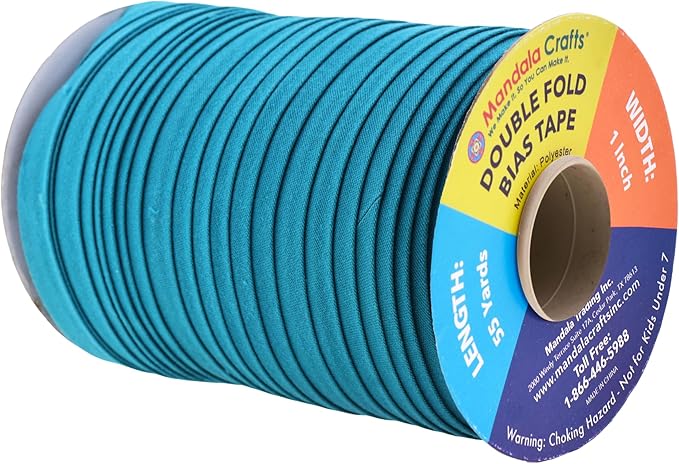 Mandala Crafts 55 Yards 1 Inch Teal Double Fold Bias Tape for Sewing - Bias Binding Tape for Quilting Binding, Hemming, Seam, and Fabric Piping