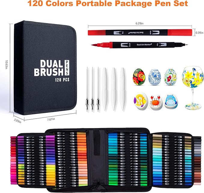 Dual Markers Brush Pens, 120 Coloring Pens for Adults – Premium Art Supplies for Adults, Perfect for Coloring Books, Hand Lettering, Calligraphy, and Drawing