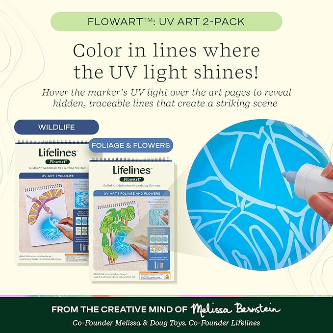 Lifelines FlowArt Activity Pad, UV Art 2-Pack - Guided Art Meditations with Illuminating Marker - Color by UV Light Coloring Books for Teens, Adults & Seniors