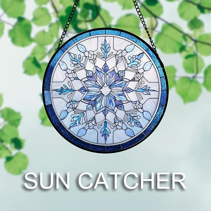 Stained Glass Window Hanging 4 Pcs Set Blue White Christmas Snowman Snowflake Large 15" - Suncatcher Door Garden Sun Catcher Decor Birthday Mother's Day Xmas Gifts for Mom Woman Nana Men