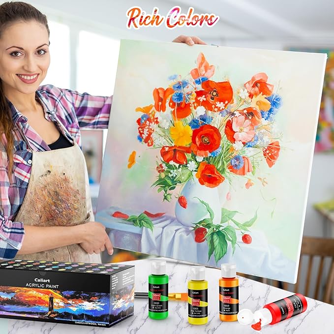 Caliart Acrylic Paint Set with 12 Brushes, 72 Colors (59ml, 2oz) Art Craft Paints Gifts for Artists Adults Beginners Painters, Pumpkin Canvas Ceramic Wood Rock Painting Kit Art Supplies