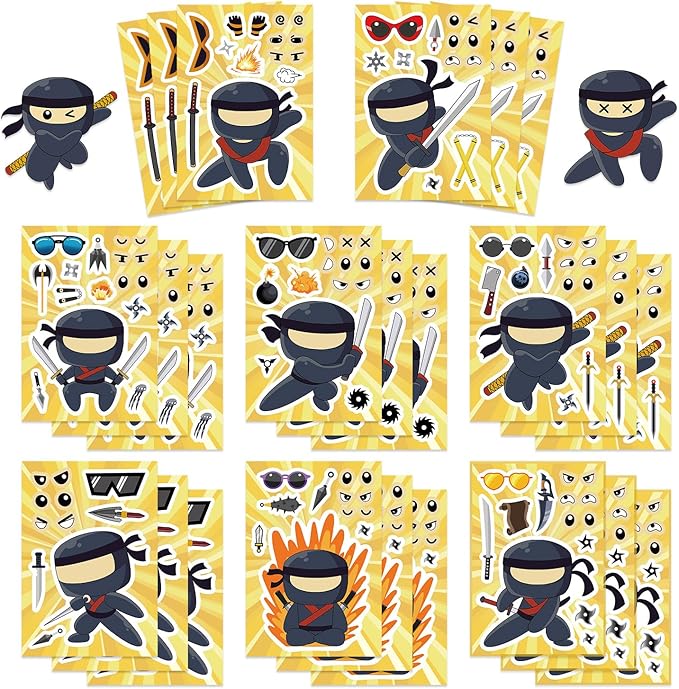 24 Sheets Ninja Face Stickers Set – Mix and Match Cartoon Ninja Expressions and Accessories – DIY Make a Face Sticker Pack for Scrapbooking, Party Favors, Journaling, Craft Supplies