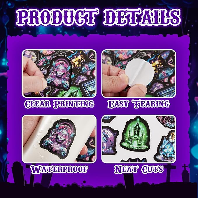 60 Pcs Neon Halloween Stickers for Kids, Waterproof Witches Magic Decals for Water Bottle, Vinyl Laptop Decor for Teens Girls Boys, Students Classroom Prizes
