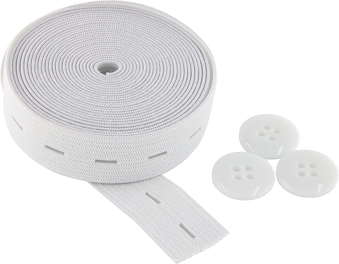 Flat Sewing Band Spool with Buttonholes, Elastic Stretchable, Ideal for DIY Waistbands and Necklines (White, 3/4 inch × 3 Yards)