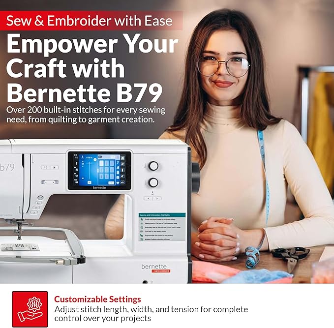 Bernette B79 Sewing and Embroidery Machine Combo | Computerized Touchscreen Machine with 3 Hoops, Sunset Thread Kit, $500+ Embroidery Design Tools, Presser Feet, Extension Table & More
