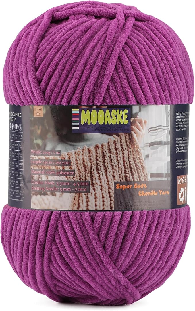 Fluffy Chenille Yarn for Crocheting - Baby Blanket Yarn for Knitting - Velvet Yarn for Amigurumi Crochet, Ultra Soft Yarns Weight Per Roll 200g/7oz, Length 240m/262yard