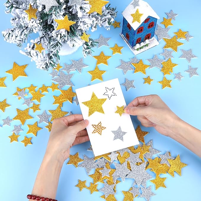 YGDZ Foam Star Stickers Gems Stick On Set, Gold Silver Glitter Star Self Adhesive for Crafts, Rhinestones Jewel Stick On for Posters, Christmas Home Decor, Craft Supplies for Kids