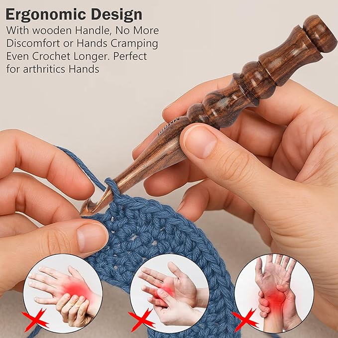 PIEWOOD - Wooden Crochet Hooks Set of 13 (3.5mm to 12mm) Ergonomic Soft Grip Handle for Arthritic Hands, Perfect Gift for Knitting & Crocheting