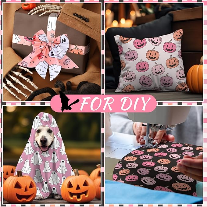 Hahafelt 10 Pcs 18 x 22 Inch Pink Ghost Halloween Quilting Fabric Squares Ghost Floral Fabric Bundles Pumpkin Flower Fat Quarters Pink Black Skull for Halloween DIY Craft Sewing Handmade