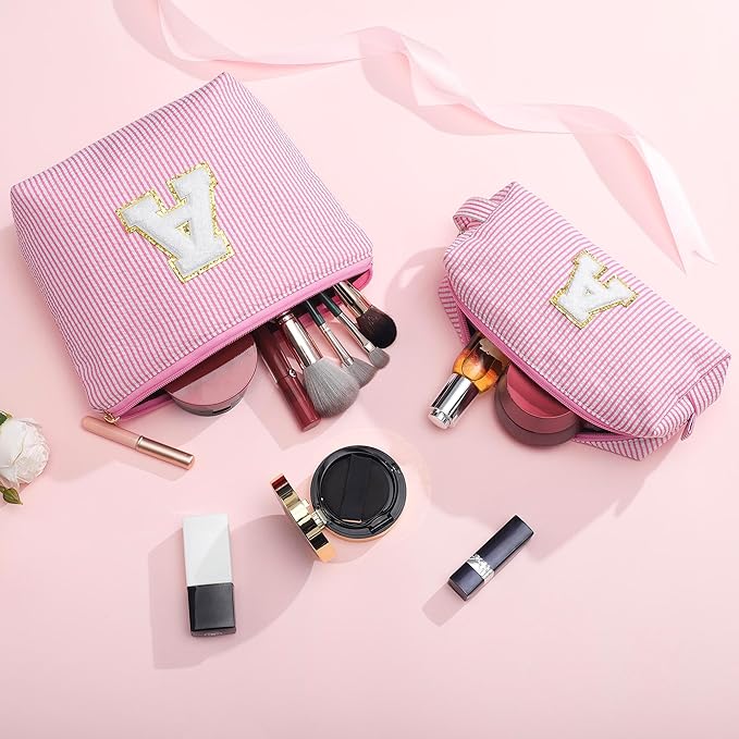 YOOLIFE Initial Makeup Bag Cosmetic Bag Birthday Gift for Women | Travel Toiletry Bags Girlfriend Teacher Gift 11 12 13 14 15 16 Years Old Girl Gifts Teen Girl Gifts Trendy Stuff Pink A