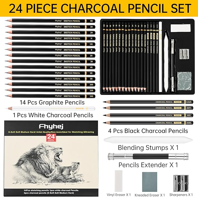 24-Piece Drawing Pencil Set - 14 Graphite Sketch Pencils (14B-4H), 4 Charcoal Pencils, White Charcoal Pencil & Art Supplies, Sketch Pencils for Drawing, Shading, Sketching for Beginners & Artists
