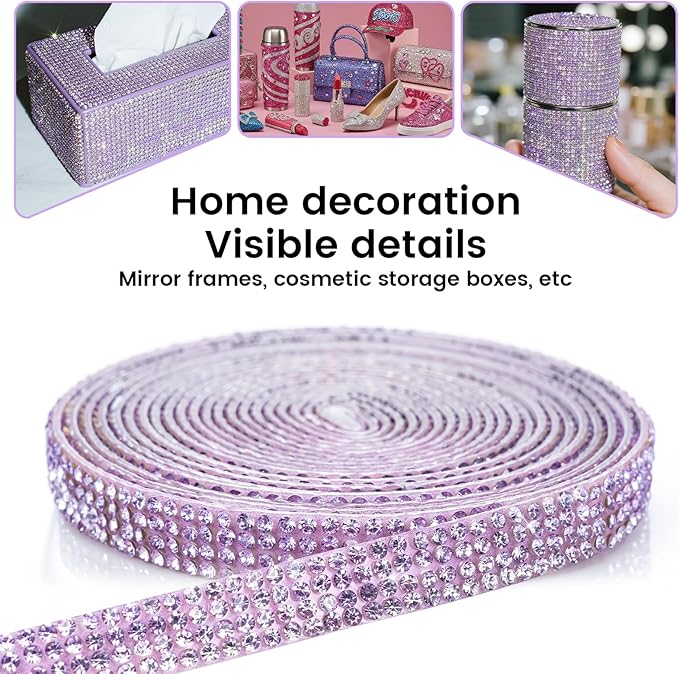 Novani Self Adhesive Rhinestone Ribbon, 0.35 Inch Wide 3 Yards 1 Roll, Purple Crystal Diamond Bling Strips for DIY Crafts, Home Decor, Clothing,Shoes, Car Decoration（Purple）