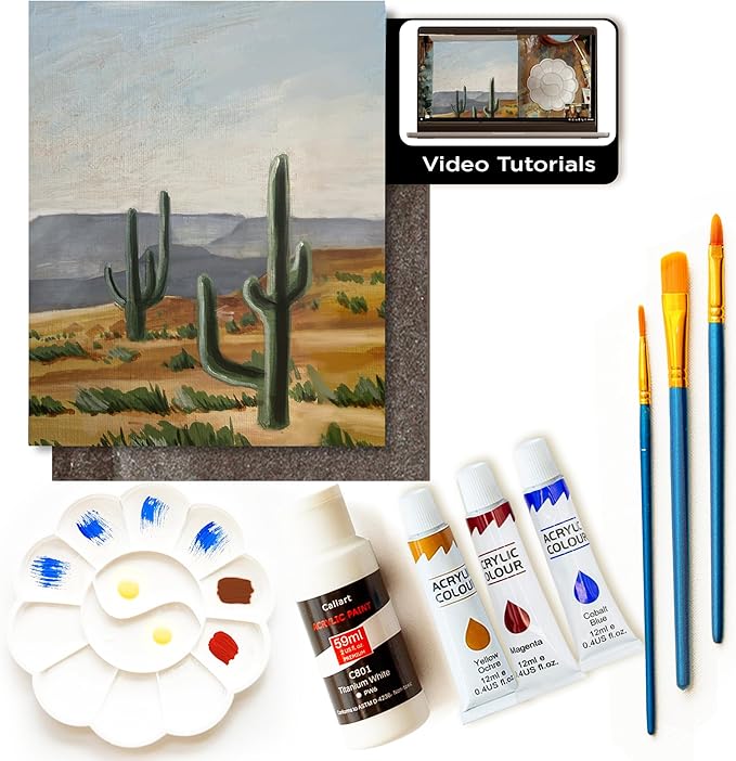 Painting4Real DIY Art Painting Kit for Adults – Learn to Paint Cactus Horizon with Video Tutorials – 9 Pieces Acrylic Paint Set for Adults –Perfect Christmas Crafts & Holiday Gifts for Art Lovers