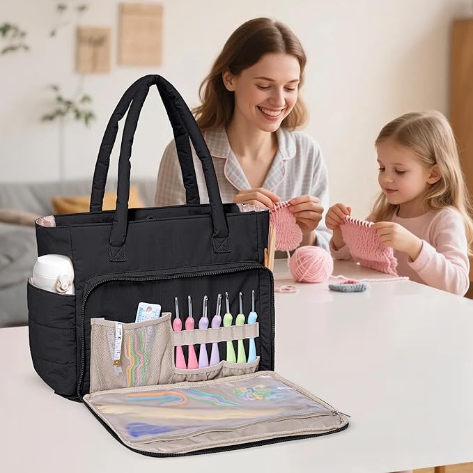 Teamoy Knitting Bag Tote, Puffer Yarn Bag, Crochet Bag Organizer for Yarn Storage, Yarn Holder for Crocheting, Black
