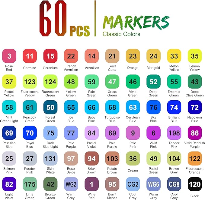 cloudriver Alcohol Markers Brush Tip, 60 Colors Dual Tip Art Markers For Adults Coloring Books Illustration Craft Card Making