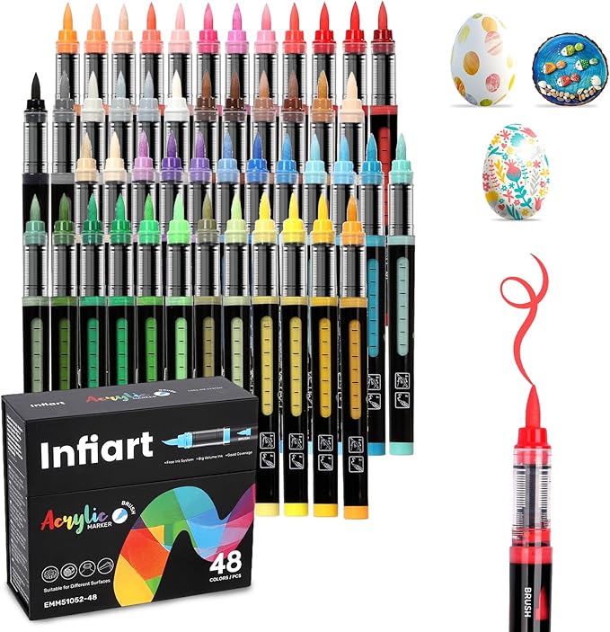48 Colors Acrylic Paint Markers Brush Tip, Automatic Ink Control Acrylic Paint Pens Waterproof Acrylic Markers Set for Christmas Decorations, Stone, Wood, Glass, DIY & Art Supplies