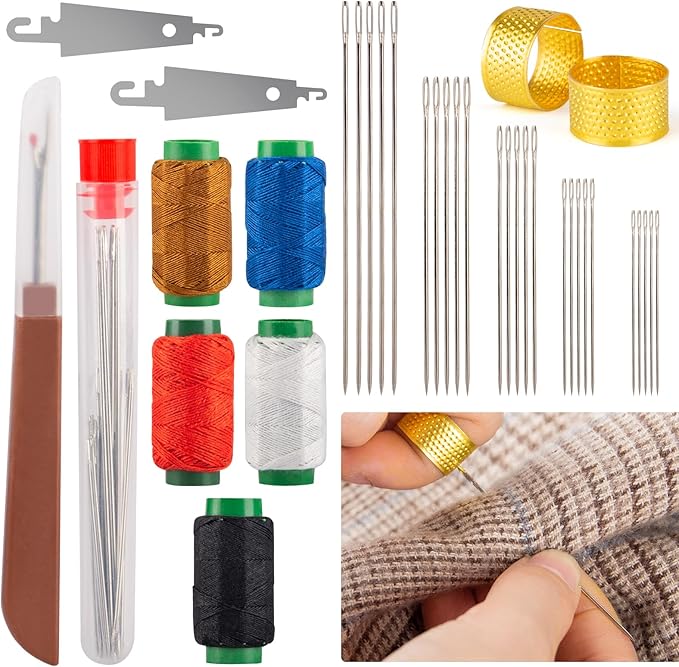 36 Pcs Sewing Tool Set, Premium Big Eye Steel Needles, Threader, Thimble, Seam Ripper & Threads Complete Needle Repair Kit for Hand SewingHand Sewing