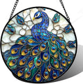 Stained Glass Window Hanging - Peacock Blue Gold Feathers Sun Catcher for Door Garden Home Decor Bird Suncatcher Christmas Mother's Day Birthday Gifts for Women Men Mom Nana 6.3 in