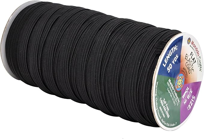 Mandala Crafts 10mm 50 Yds Roll of Black Elastic Bands for Sewing - 3/8 Flat Elastics Cord - 3 8 Inch Braided Stretch Straps for Crafting