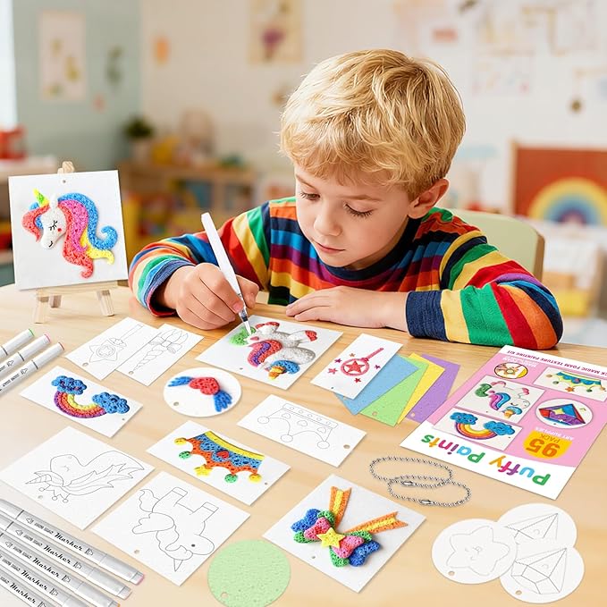 YUANNA 95 Pcs Magic Foam Texture Painting Kit, 3D Magic Puffy Paint Kits with 24 Acrylic Paint Markers & 45 Pcs Foam Texture Paper...DIY Bubble Drawing Art Supplies