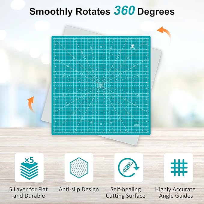 Headley Tools 17"x17" Rotating Cutting Mat, Self Healing Mat with 360-Degree Rotation & Anti-Slip Base, Sewing Board Cutting Mat Perfect for Fabric Quilting Leather Hobby Project, Turquoise