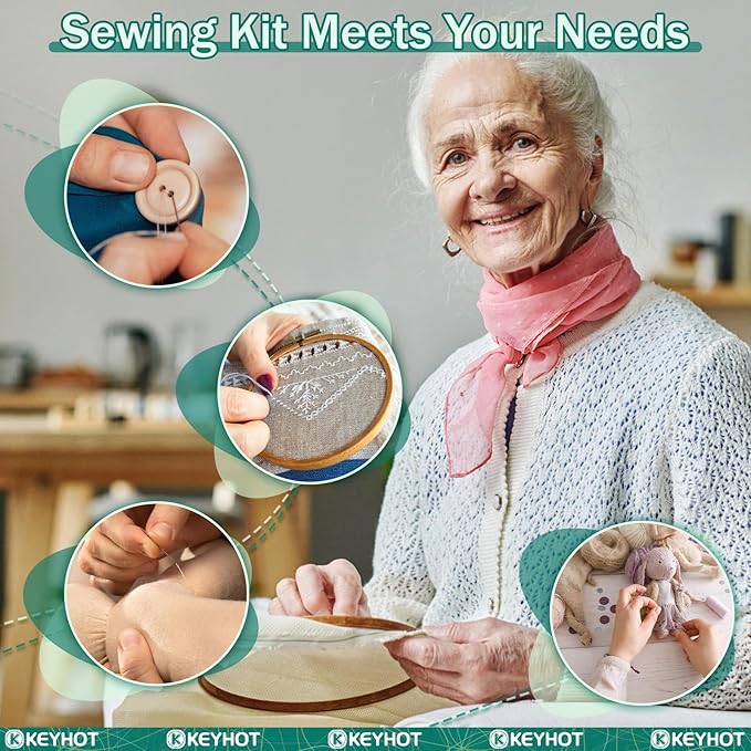 KEYHOT Sewing kit Basic,Needle and Thread Kit,Travel Small Sewing Machine Supplies for Adults Beginners Men, Home Travel Emergency Including Scissors Measure Tape Needle Threader (183pcs)