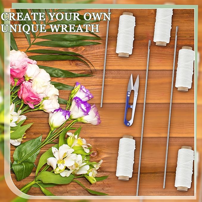Leriton 13 Pcs Lei Needle Kit Include 6 Pcs Stainless Steel Long Needle 6 Twine 1 Sewing Scissors for DIY Marigold Garland Hawaiian Flowers Bead Stitch Craft(10.2‘’,Novel Style)