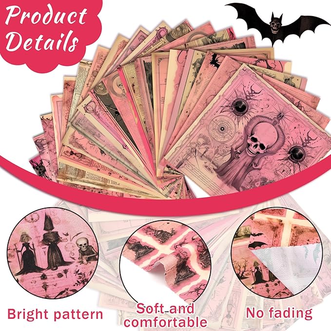 Ganeen 60 Pcs 10 x 10 Inch Pink Gothic Halloween Quilting Fabric Squares Vintage Pink Ghost Fat Patchwork Precut Strips Retro Bat Skull Fabric Bundles for DIY Craft Sewing Quilt Material Handmade