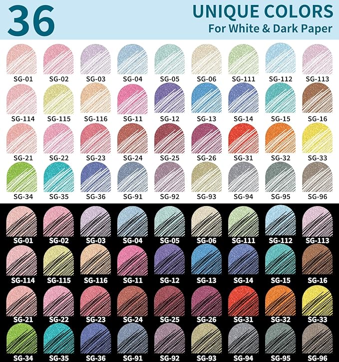 Glitter Gel Pens, 36 Pack Colored Pens for Black Paper & White Paper, 1.0mm Point Pens, Large Capacity Ink Pens for Coloring, Writing, Drawing, Journaling, Note Taking, Office, Home