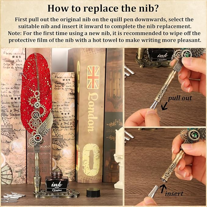Quill Pen Ink Set with Wax Seal,Feather Quill Pen, a Collision of Punk and Retro Styles, both Calligraphy Pen Set and Wax Seal Stamp Kit, Suitable for Calligraphy Lovers of All Ages (Red)