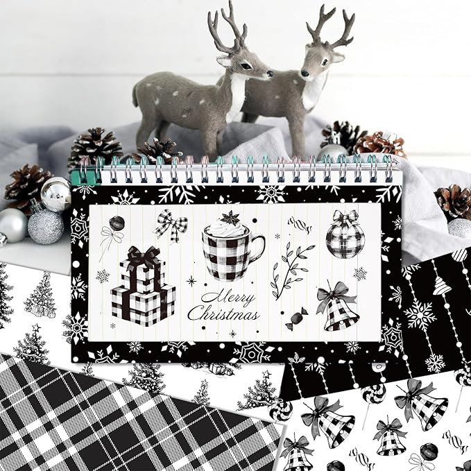 24 Sheets Christmas Scrapbook Paper 12'' × 12'' Double-Sided Xmas Black Plaid Pattern Paper Decorative Art Cardstock for Holiday DIY Crafts Card Making Scrapbook Supplies