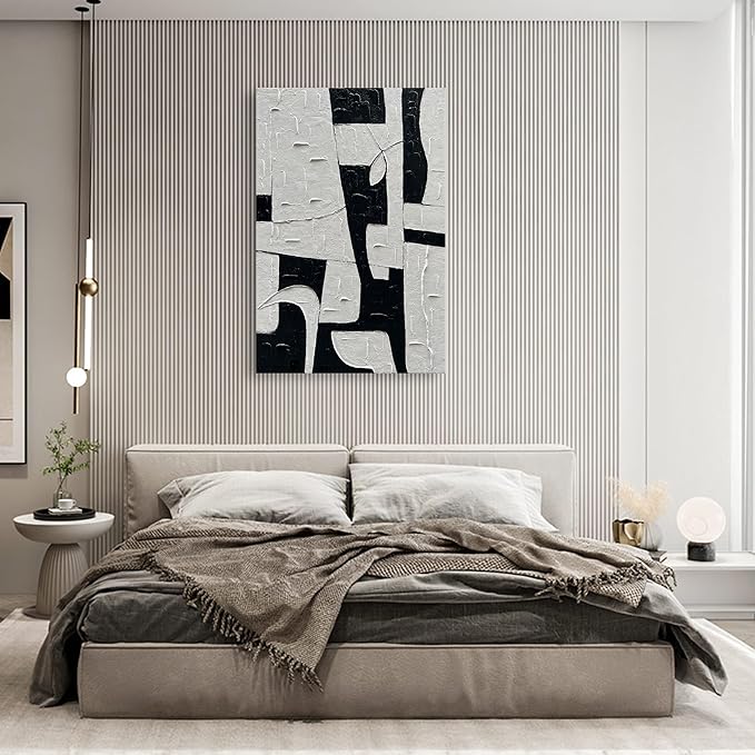 NANKAI SRT Hand Painted Black and White Minimalist Art Oil Painting Modern Abstract Painting 45x30 inch Home Wall Art Decorative Oil Painting