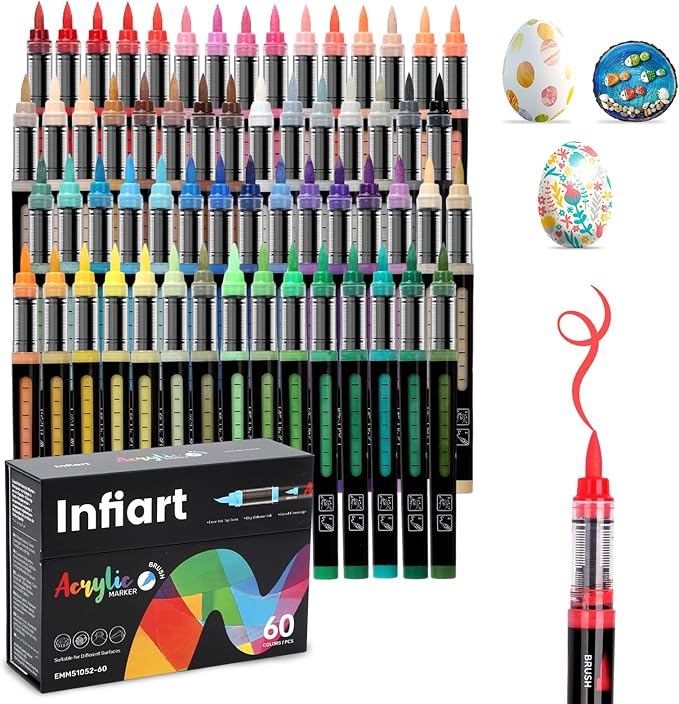 60 Colors Acrylic Paint Markers Brush Tip, Automatic Ink Control Acrylic Paint Pens Waterproof Acrylic Markers Set for Christmas Decorations, Stone, Wood, Glass, DIY & Art Supplies