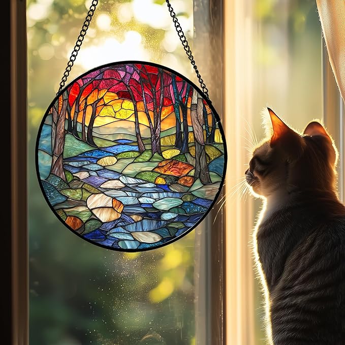 Stained Glass Window Hanging, Red Tree Abstract Sunset Lake Sun Catcher for Window Home Decor Landscape Suncatcher Mother's Day Birthday Gifts for Women Men Mom and Nana 7.8 in
