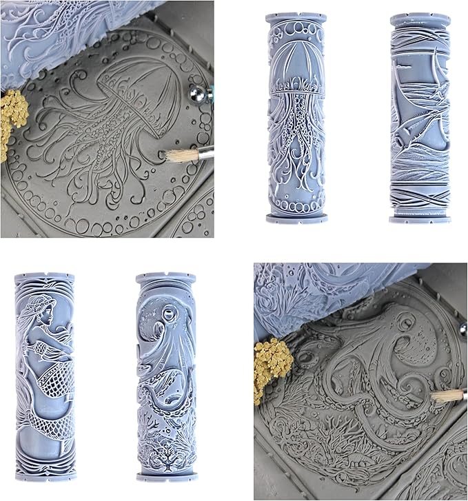 Deepwater Collection Clay Texture Rollers 4-Pack (4") - Ocean Set #01 - Embossing Pattern Rollers for Polymer & Ceramic Clay, Pottery & Crafts